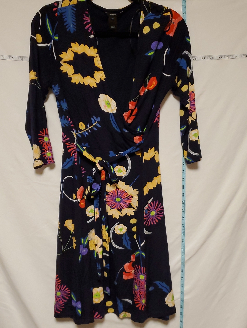 Desigual Dress XL Black Multi Bright Floral Faux Wrap LBD Cocktail Resort